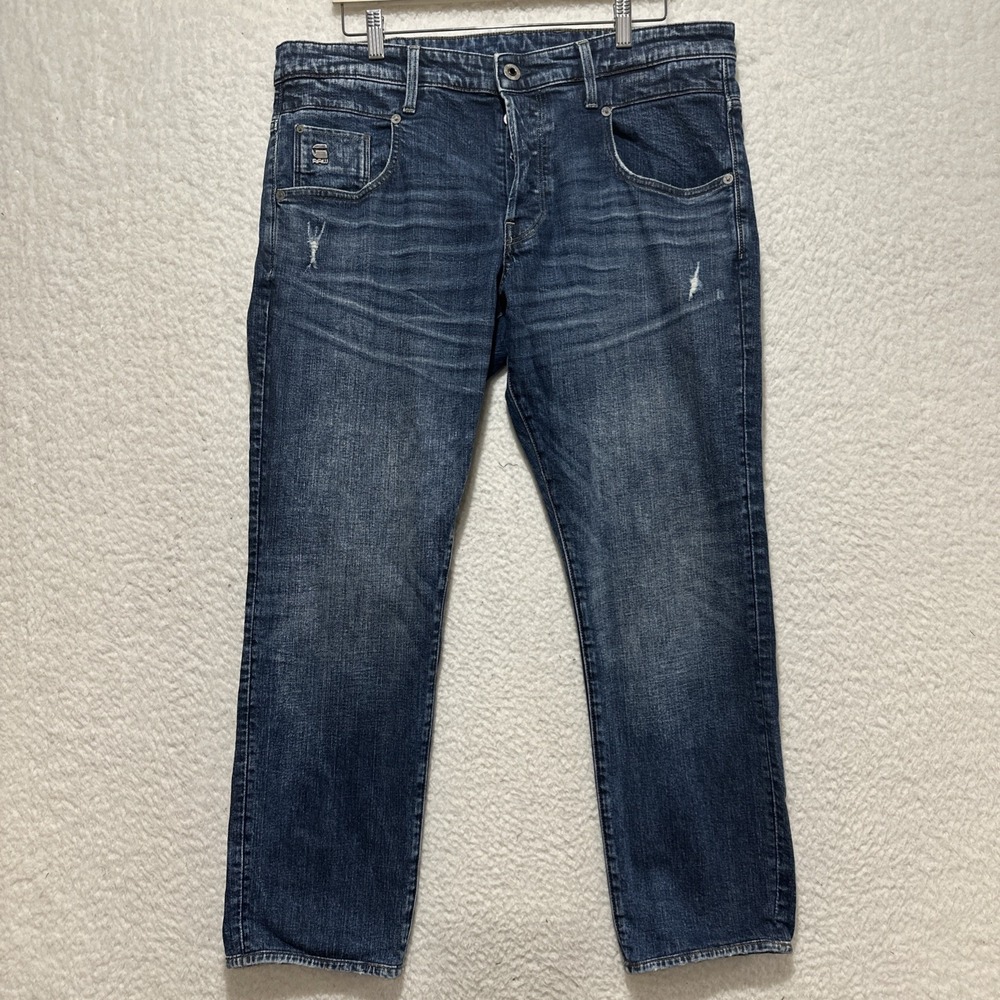 G Star Raw Jeans Size 36 Radar Straight Tapered Whiskers Button Fly Denim Blue